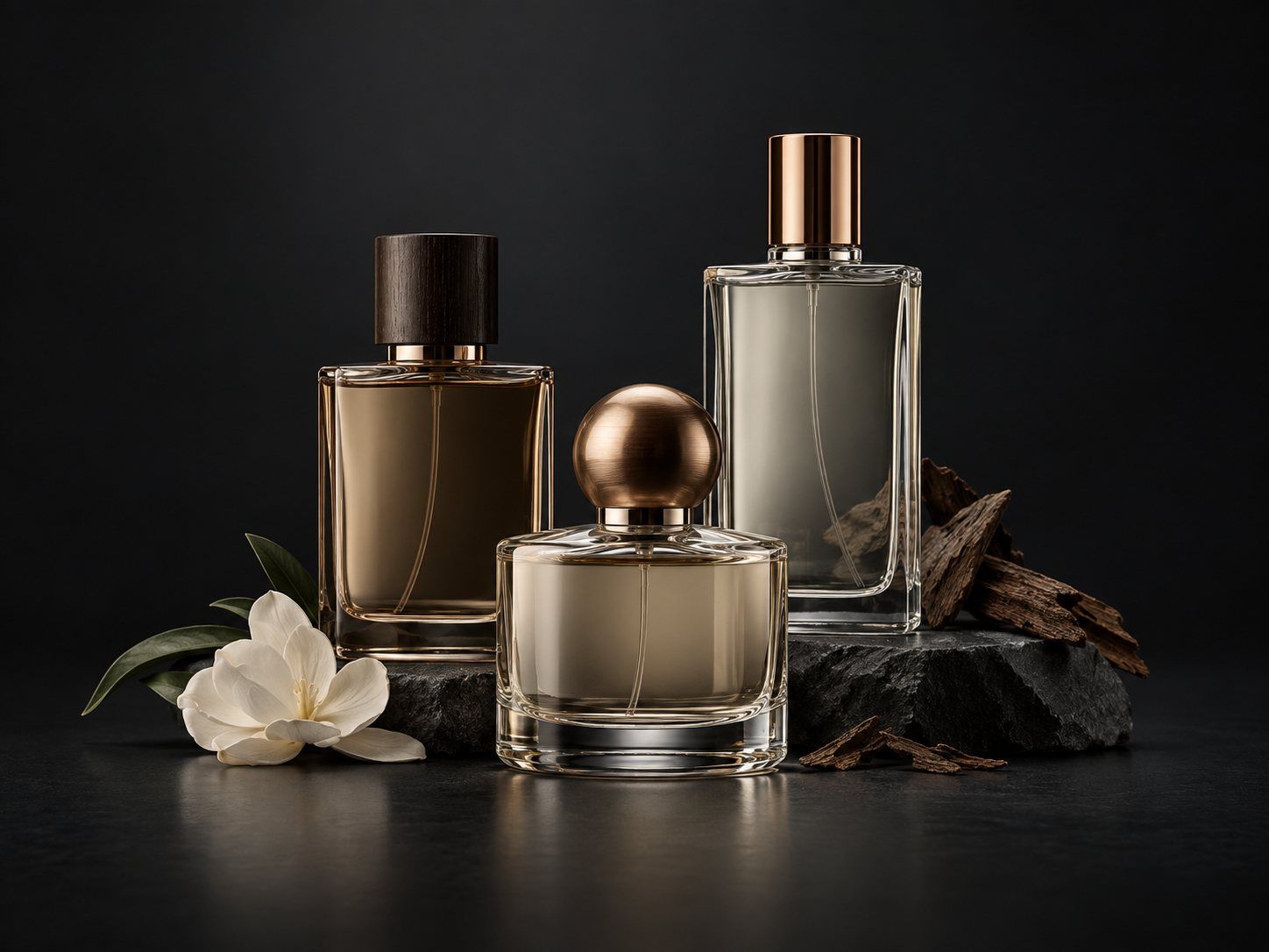 Unbranded glass perfume and cologne bottles on a dark surface