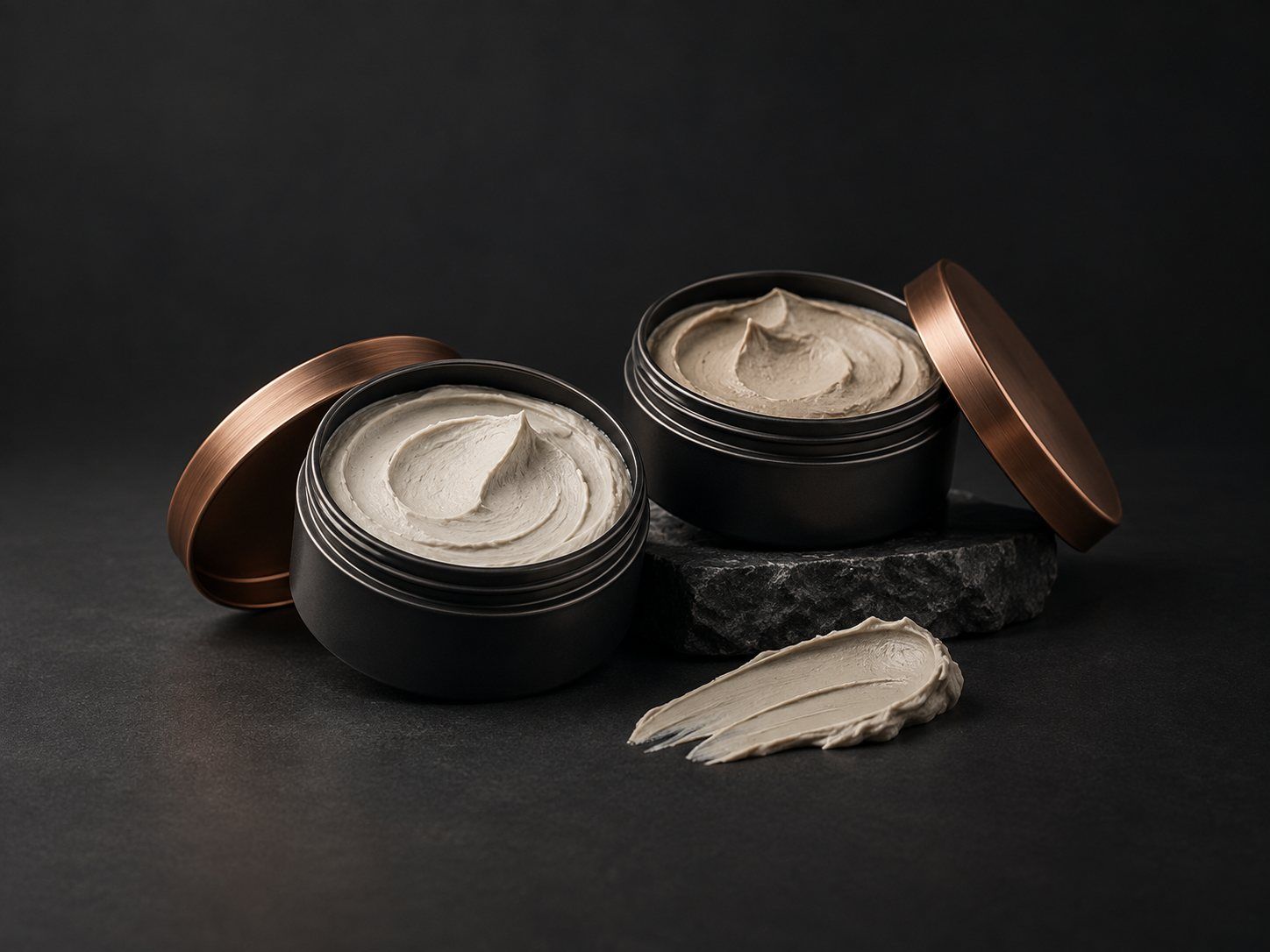 Open tins of matte styling clay and pomade with a smear of wax texture