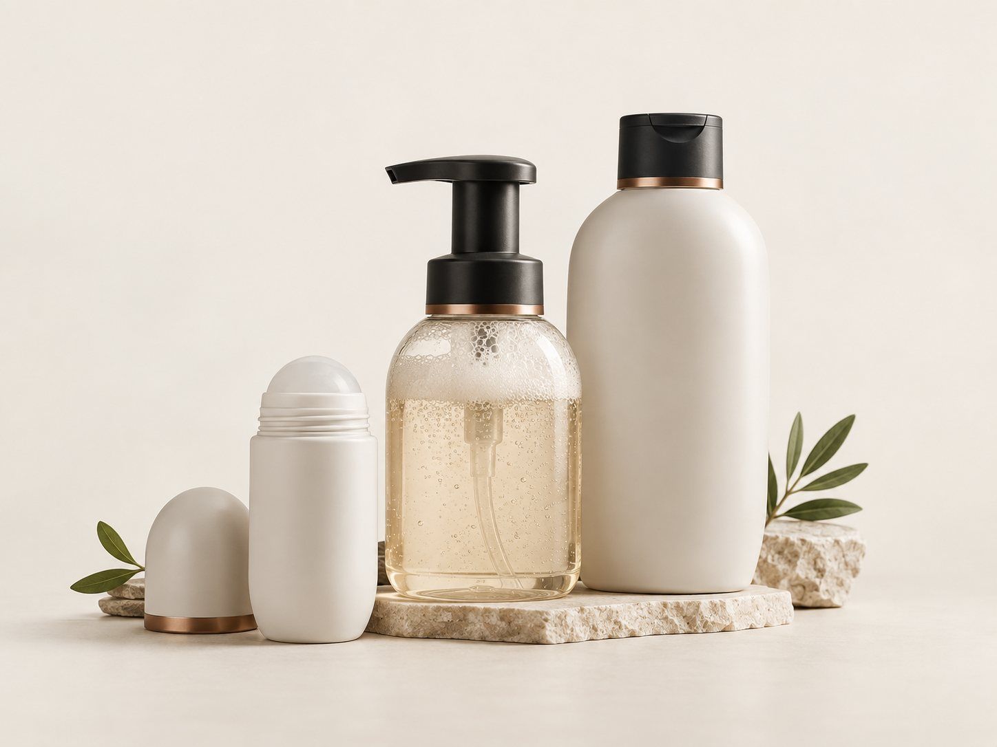 Unbranded roll-on deodorant, foaming hand wash and body wash bottles