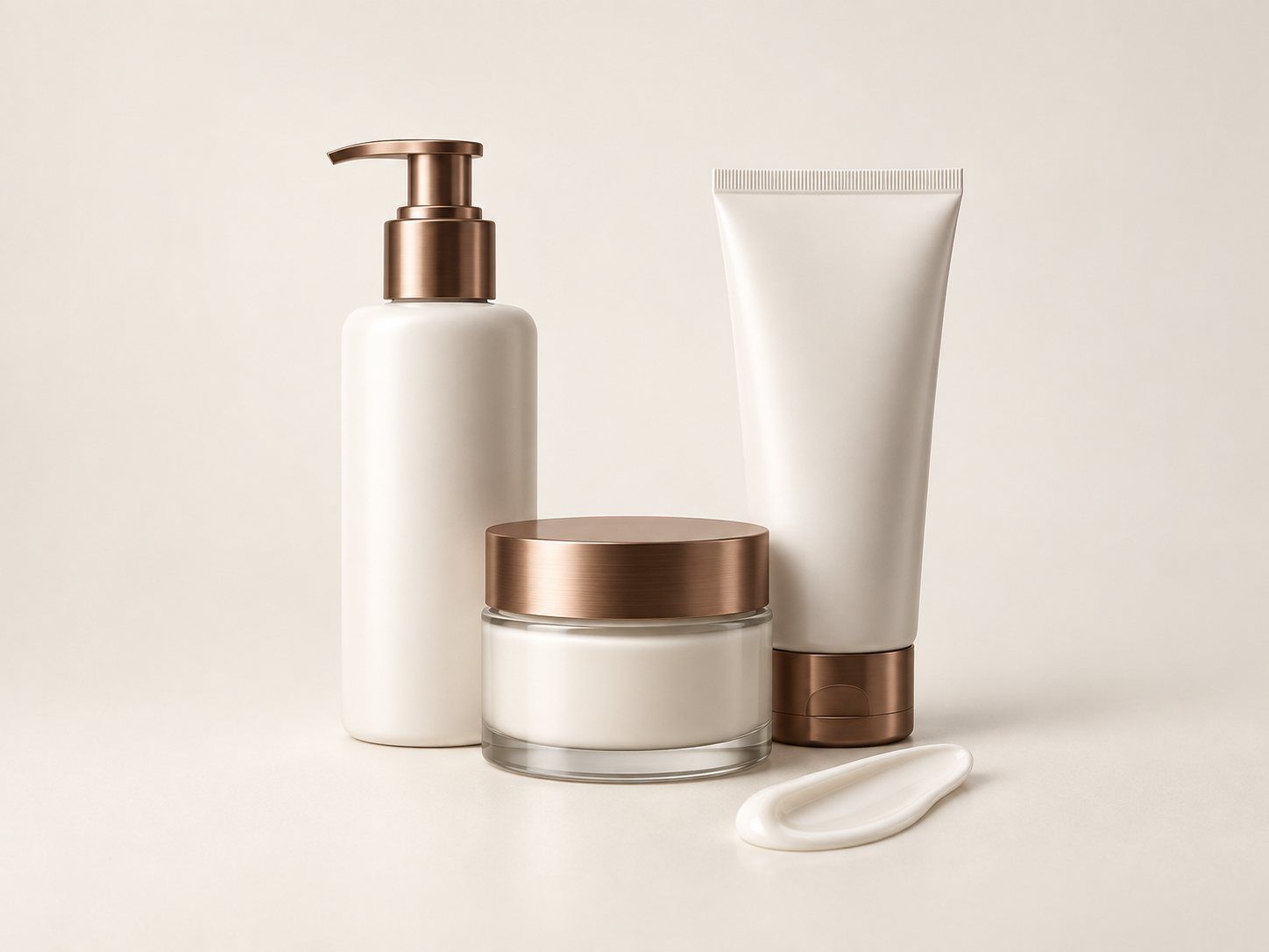 Unbranded pump bottle, cream jar and tube beside a swatch of white cream