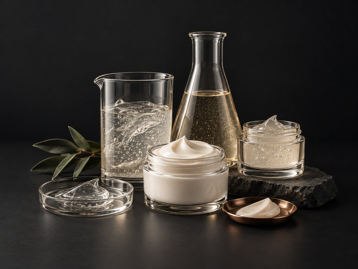 Cream and gel textures in clear glass beakers and sample jars