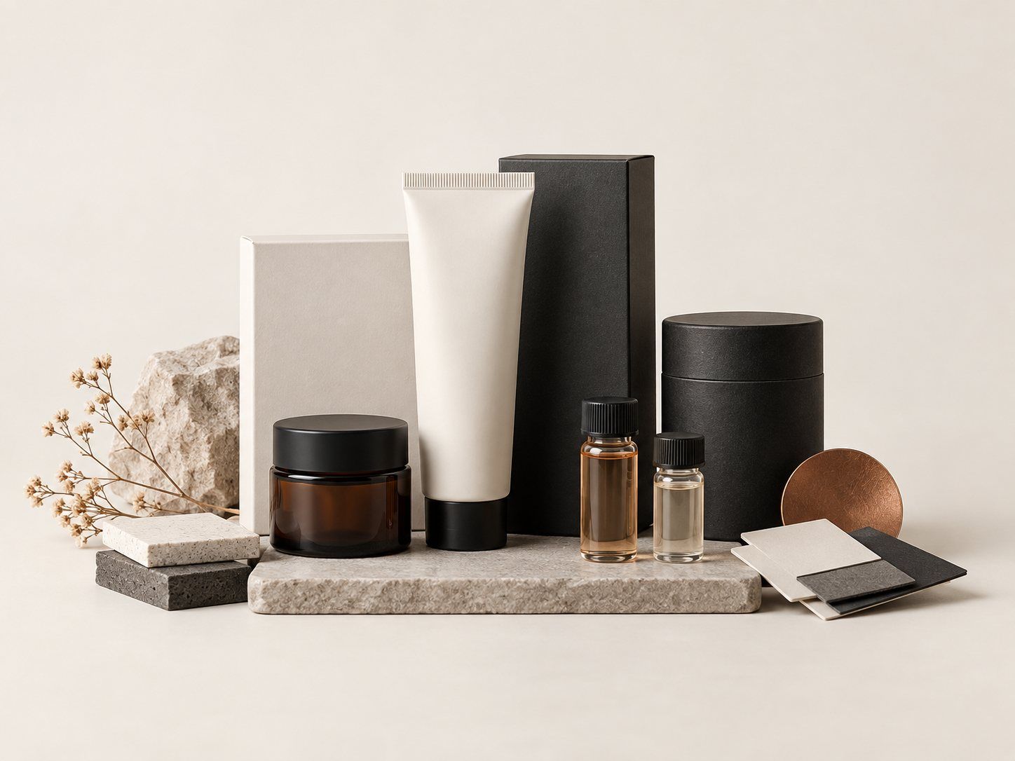 Blank packaging components, sample vials and material swatches laid out on a bench
